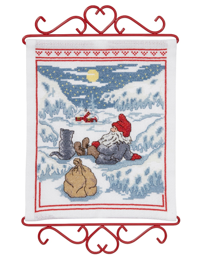 Wichtel mit Katze im Mondschein - Stickbild