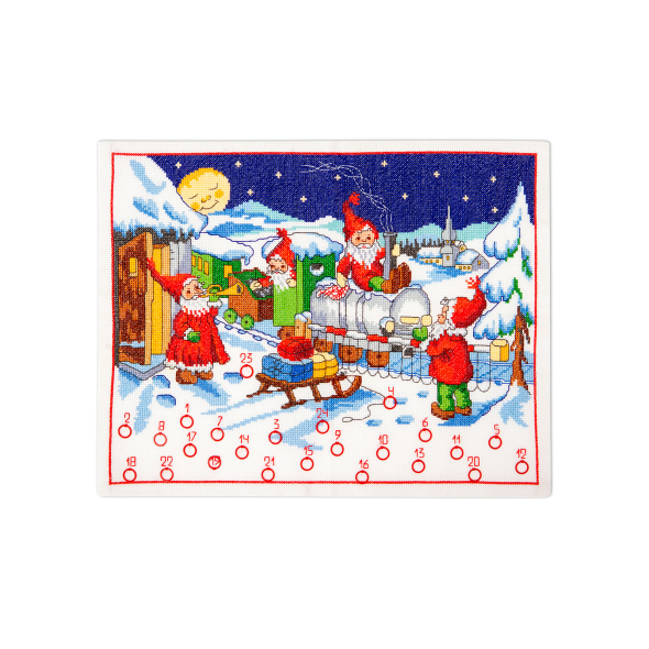 Wichtel beim Zug - Adventskalender zum Sticken